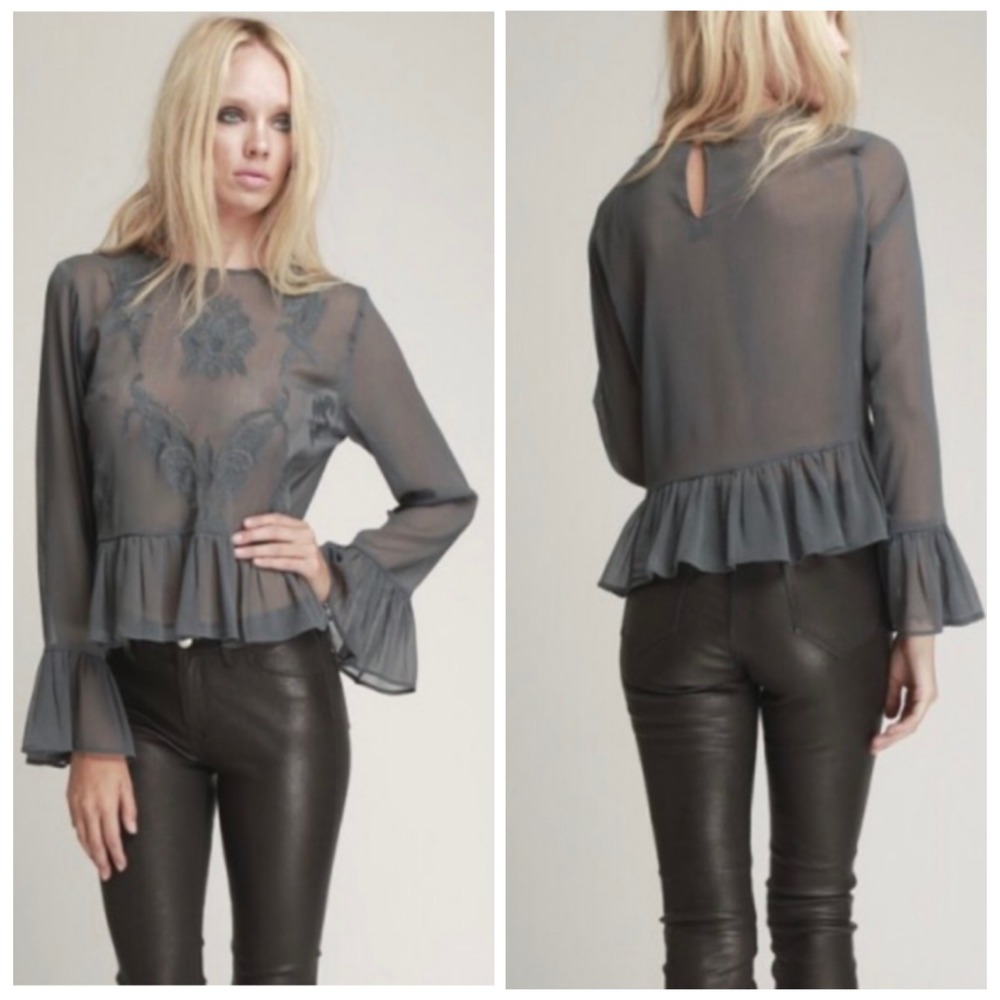 Walter Baker Grey Sheer‎ Embroidered Ruffle Sleeve Peplum Blouse XS Beth